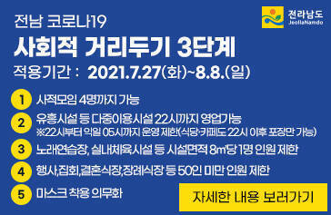 전남 코로나19 사회적 거리두기 3단계  적용 기간: 2021.7.27(화)~8.8.(일) 주요 내용 1. 사적모임 4명까지 가능 2. 유흥시설 등 다중이용시설 22시까지 영업가능 ※22시부터 익일 05시까지 운영 제한(식당·카페도 22시 이후 포장만 가능) 3. 노래연습장, 실내체육시설 등 시설면적 8㎡당 1명 인원 제한 4. 행사,집회,결혼식장,장례식장 등 50인 미만 인원 제한 5. 마스크 착용 의무화 자세한 내용 보러가기 전라남도 JeolaNamdo