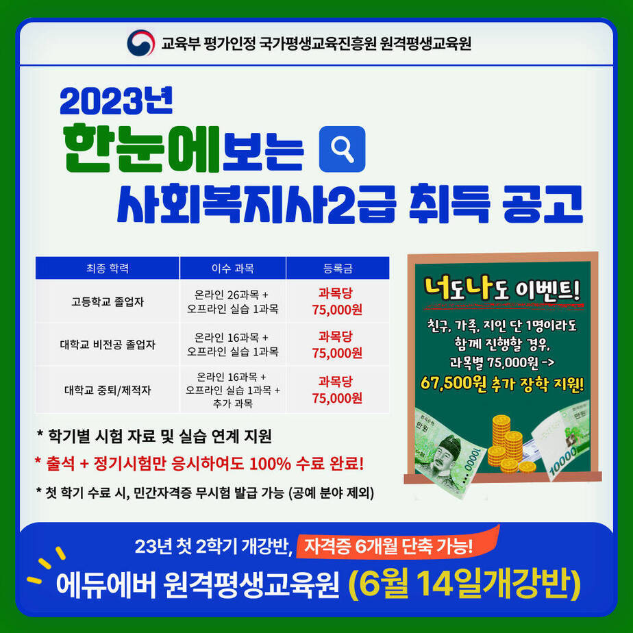 사회복지사2급, 에듀에버 원격평생교육원 6월 14일개강반
