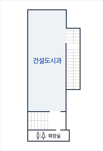 부속1동 2층 안내도로 남쪽 화장실을 기준으로 북쪽방향으로 계단,건설도시과가 위치해있다.