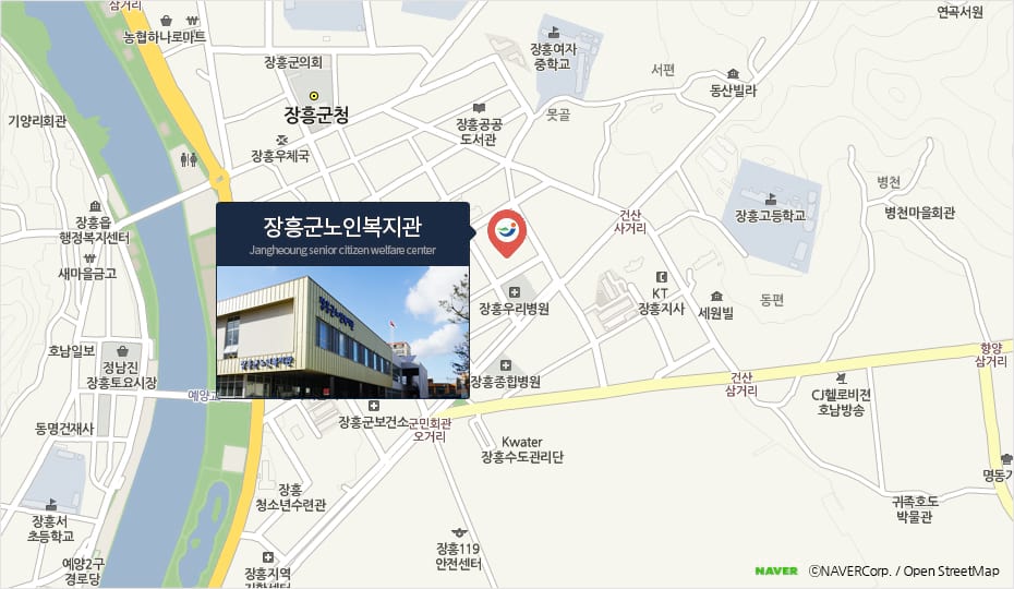 장흥군노인복지관 위치를 표시한 지도로 지도의 중심인 장흥우리병원을 중심으로 북쪽방향에 장흥군 노인복지관이 위치해있다. 
