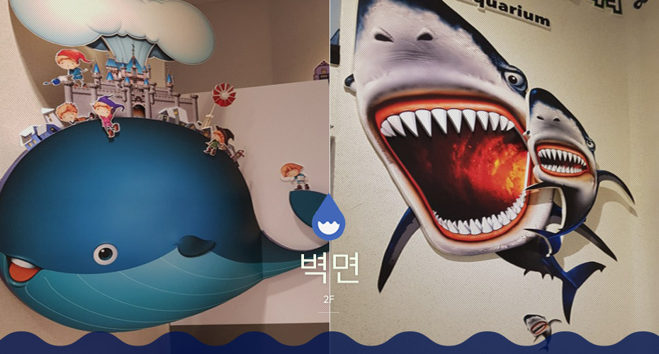 벽면에 커다란 고래 등위에서 아이들이 놀고있는 그림과, 무시무시한 이빨을 가진 상어가 입을 벌리고 있는 모습이 담긴 그림이 그려져 있다