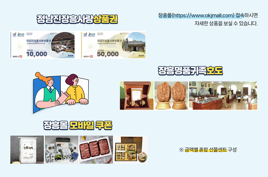 고향사랑기부제 답례품 - 정남진장흥사랑 상품권, 장흥명품귀족호도, 장흥몰모바일쿠폰(금액별 혼합선물세트구성) / 장흥몰(https://www.okjmall.com)접속하시면 자세한 상품을 보실 수 있습니다.