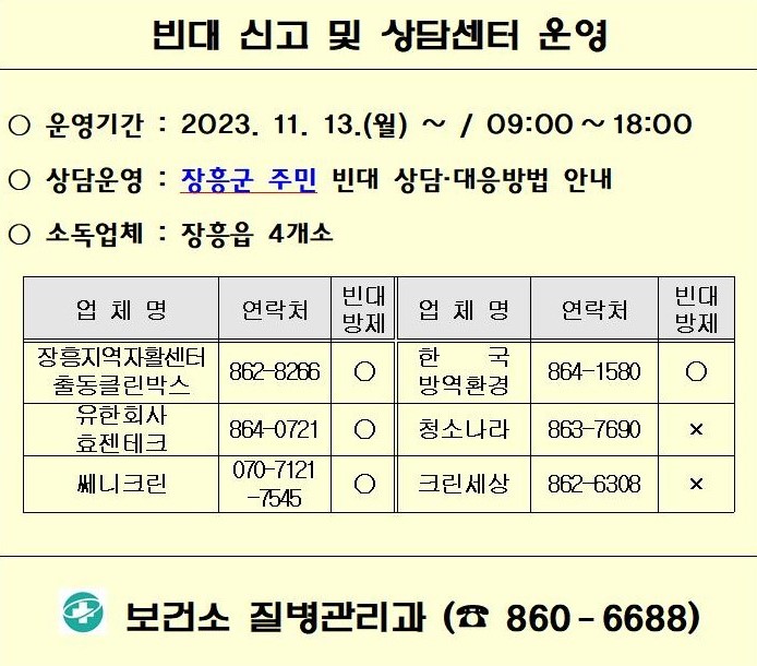 빈대 신고 및 상담센터 운영