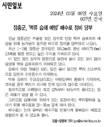 장흥군, '맥류 습해 예방' 배수로 정비 당부