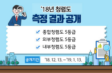  '18년 청렴도 측정 결과 공개    - 종합청렴도 5등급   - 외부청렴도 5등급   - 내부청렴도 5등급,  공개기간 : '18. 12. 13. ~ '19. 1. 13.