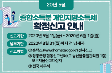 20년 5월 종합소득분 개인지방소득세 확정신고 안내,     * 신고기간 : 2020년 5월 1일(금) ~ 2020년 6월 1일(월),     * 납부기한 : 2020년 8월 31(월)까지 전 납세자,     * 신고방법      ① 홈택스 (www.hometax.go.kr) 전자신고      ② 장흥군청 합동신고센터 (구 농산물품질관리원 1층) / 모두채움신고대상자     ③ 전국 세무서