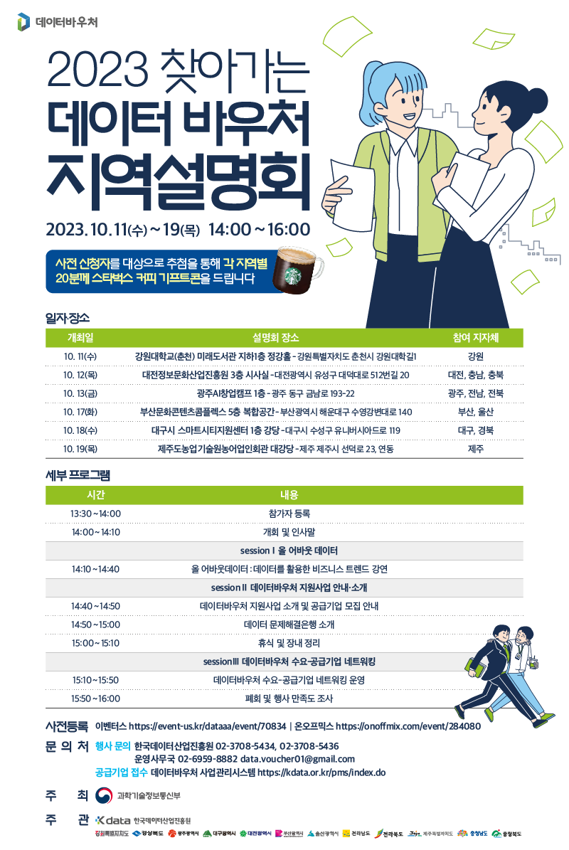 가. 행사명 : 2023 찾아가는 데이터바우처 지역설명회 나. 행사내용 : 진흥원과 업무 협약을 맺은 12개 지자체와 협력하여 비수도권에 소재한 중소기업, 스타트업 등을 대상으로 바우처 사업 안내 및 수요-공급기업 매칭 다. 일시 : 2023. 10. 13.(금) 14:00 라. 장소 : 광주 AI창업캠프 1층 마. 대상 : 데이터바우처 지원사업에 관심 있는 지역별 예비 공급·수요기업 바. 행사문의 : 한국데이터산업진흥원 활용확산팀( ☎ 02-3708-5434, 5436) 사. 사전등록 - 이벤터스 : https://event-us.kr/dataaa/event/70834 - 온오프믹스 : https://onoffmix.com/event/284080 아. 공급기업 접수 - 데이터바우처 사업관리시스템 : https://kdata.or.kr/pms/index.do